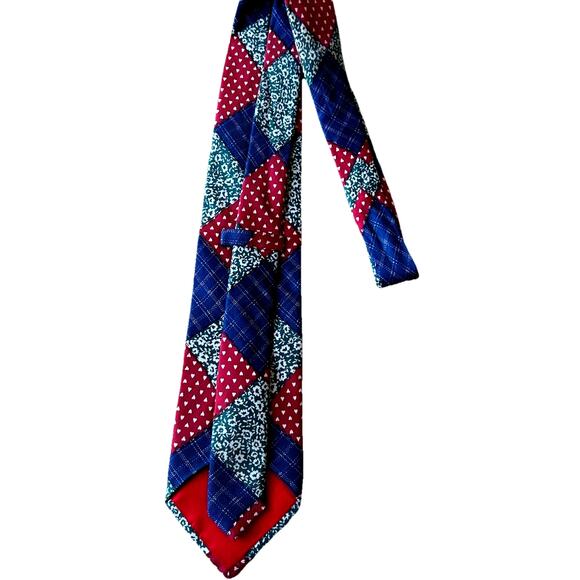 Patchwork silk tie  Faconnable  Blue Red Green Plaid Woven Made in France Hearts - Picture 3 of 5
